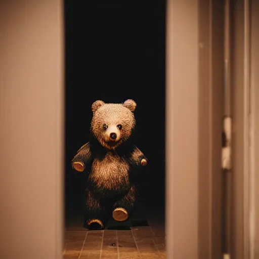 Image similar to dark photograph of a small bear mascot walking through a large wooden doorway