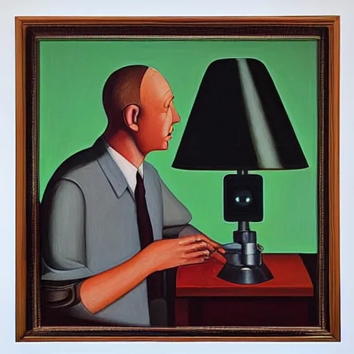 Image similar to robot therapist, portrait, grant wood, pj crook, edward hopper, oil on canvas