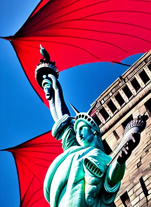 Prompt: red dragon under statue of liberty