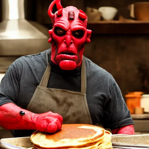 Prompt: Ron Perlman cooking pancakes while dressed as Hellboy