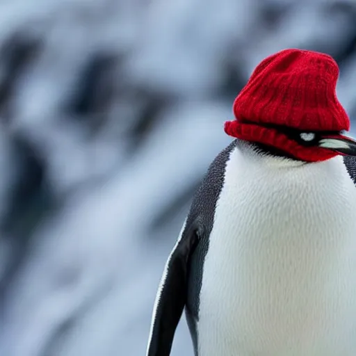 Prompt: wildlife long shot photo of a penguin with green eyes and feet and a red knitted winter hat sliding down an ice mountain, professional photo from national wildlife 2020