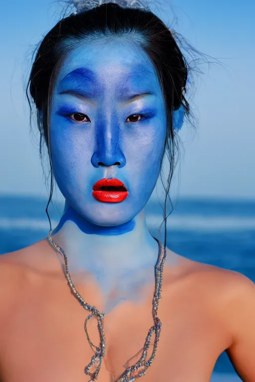 Image similar to a chinese woman dressed as a blue-skinned triton standing on a beach, blue body paint, high resolution film still, 8k, HDR colors, cosplay, outdoor lighting, high resolution photograph, photo by bruce weber, beautiful symmetric face