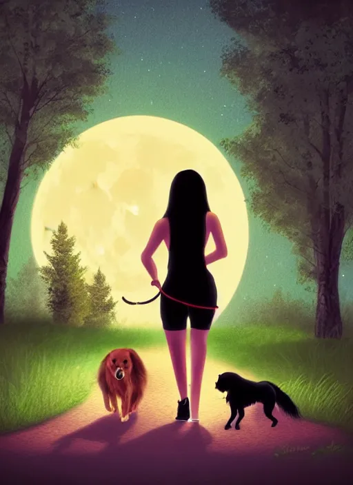 Image similar to young beautiful brown woman walking her dog in a park at night with a full moon, illustration, photoreal, fantasy