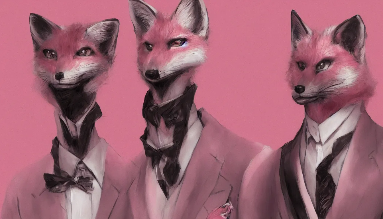 Image similar to pink fox in a suit, artstation