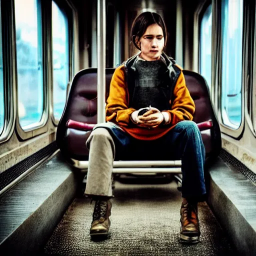 Image similar to an among us character sitting sitting in the train, cinematic, high definition