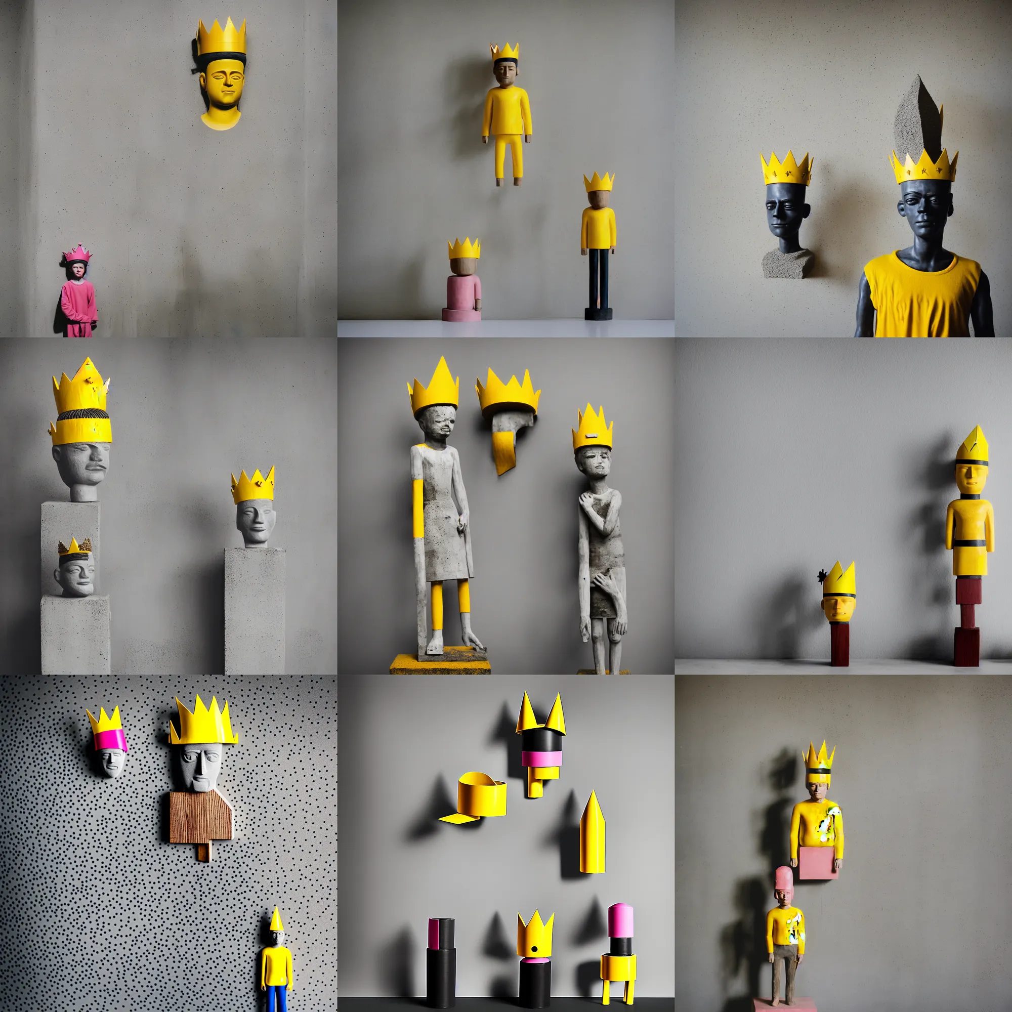 Image similar to kodak portra 4 0 0, 8 k, shot of a highly detailed, britt marling style, colour still - life portrait of a large minimalistic room, rough concrete walls, the wooden statue of a yellow black striped little man with pink crown on his head