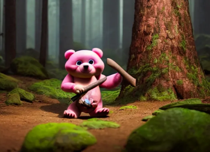Prompt: pink chocolate teddy bear walking in a forest in the croods movie style, holding on his right hand a white fighting hammer, anime, disney, pixar, 8 k, hd, dof, kodak film, volumetric lighting, subsurface scattering, photorealistic, octane render, details