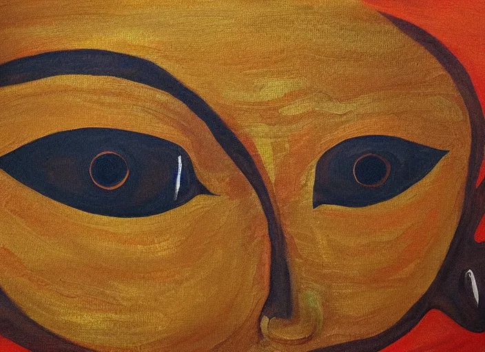 Prompt: a painting of giant buddahs eyes floating in the desert in gold color palette