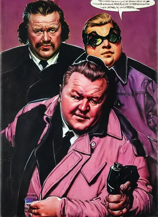 Image similar to ray winstone as a chubby supervillain wearing a pink trench coat, by norman rockwell and jason fabok and tom lovell and frank schoonover and dean cornwell