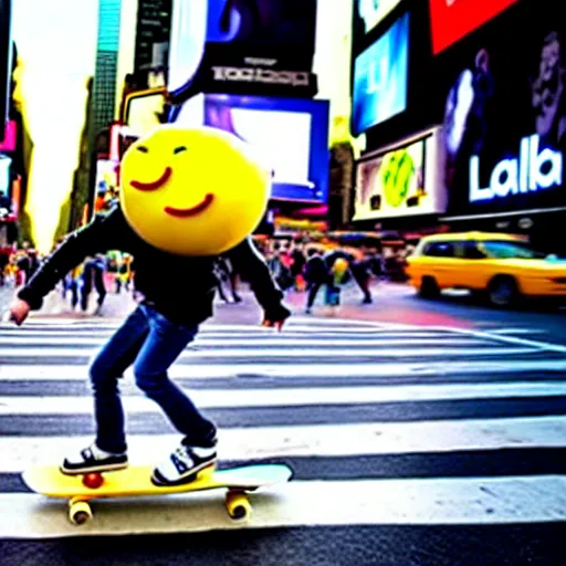 Prompt: a cool lemon riding a skateboard in times square new york