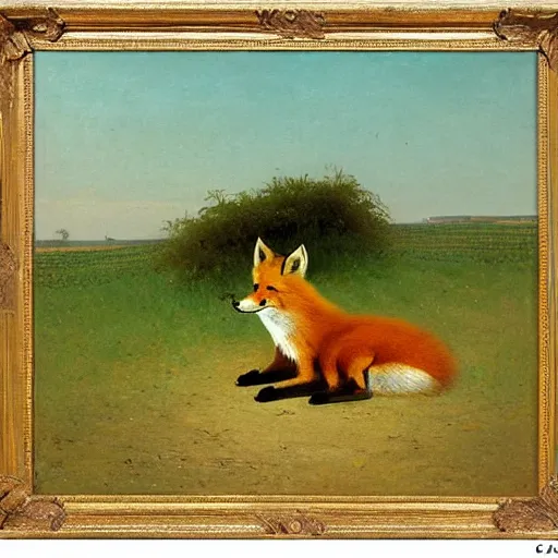 Image similar to a happy fox sitting in a wheat field, looking at the viewer, oil - on - canvas painting by carl spitzweg