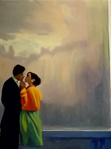 Prompt: a guy and a girl kissing, artwork by wes anderson, cinematic light, atmospheric effects, oil on canvas