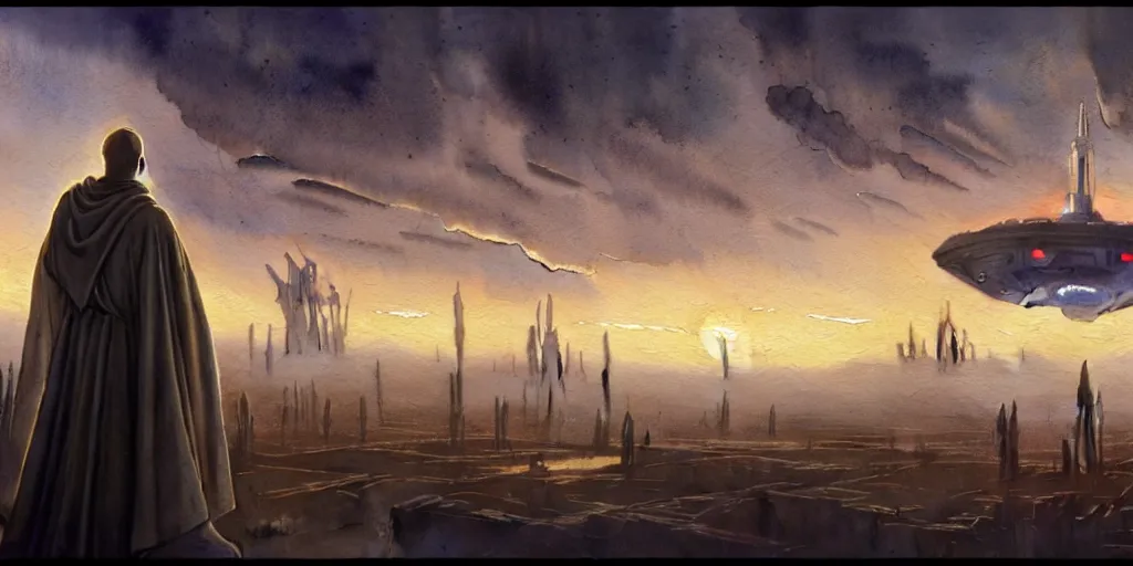Image similar to a hyperrealist watercolor concept art of a giant alien ship from independence day on the horizon of a futuristic city in arizona. a medieval monk in grey robes is in the foreground. golden hour. very muted colors, by rebecca guay, michael kaluta, charles vess. high detail, hq, wide shot, 4 k
