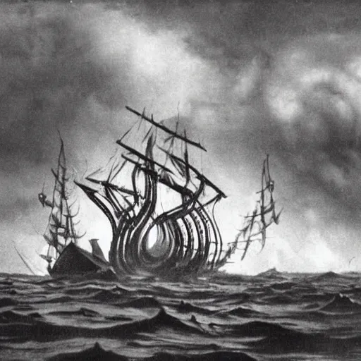 Image similar to an impossibly huge pirate ship, being attacked by a kraken, giant tentacles, lovecraft. 1930s photograph