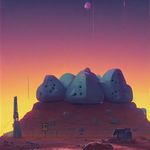Image similar to A mining outpost attached to the side a small asteroid by Simon Stålenhag digital art