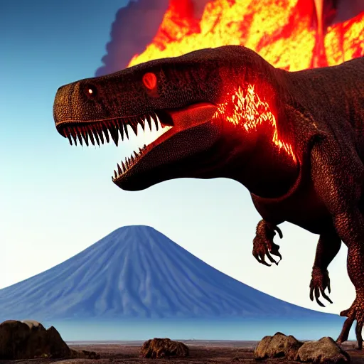 Prompt: a wide - shot photorealistic photograph of a a single tyrannosaurus rex roaring, in the distant background is a volcano spewing lava. elden rings boss. professional capture, well lit shot. fire and flames. trending on artstation, featured on behance, well - rendered, extra crisp, features intricate detail, epic composition and the style of unreal engine.