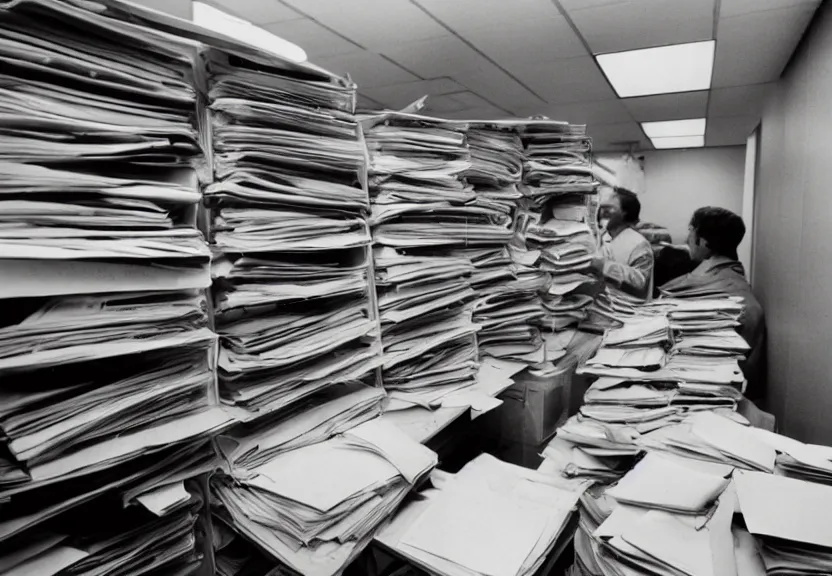 Image similar to an office filled with files so many files that are making hamburgers color 1 9 7 0 s film mary tyler moore hat toss