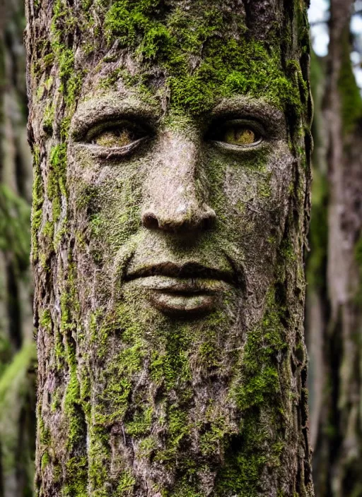 Image similar to photograph of hyperrealistic detailed ancient face in the shape of a tree covered with bark and moss, in a mysterious forest