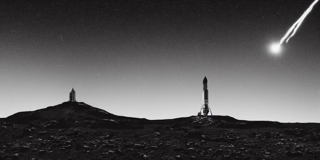 Image similar to black and white photo of a detailed rocket landing on bright mars, black background with glowing stars and satalites, cinematic film still, high contrast, astrophotography, 4 k, polaroid,