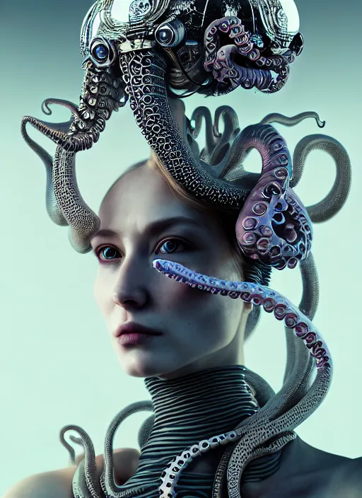 Prompt: portrait of an absurdly beautiful, graceful, sophisticated, fashionable cyberpunk mechanoid, hyperdetailed illustration by irakli nadar and alexandre ferra, intricate linework, white porcelain skin, faberge, octopus headdress, unreal engine 5 highly rendered, global illumination, radiant light, detailed and intricate environment