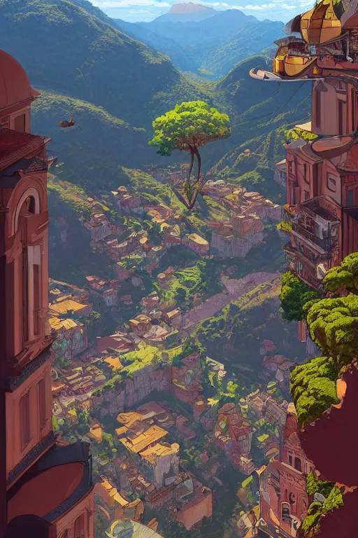 Prompt: Ouro Preto minas gerais artwork by Tomer Hanuka Rendering with an giant titanosaur over it . full of details, by Makoto Shinkai and thomas kinkade, Matte painting, trending on artstation and unreal engine