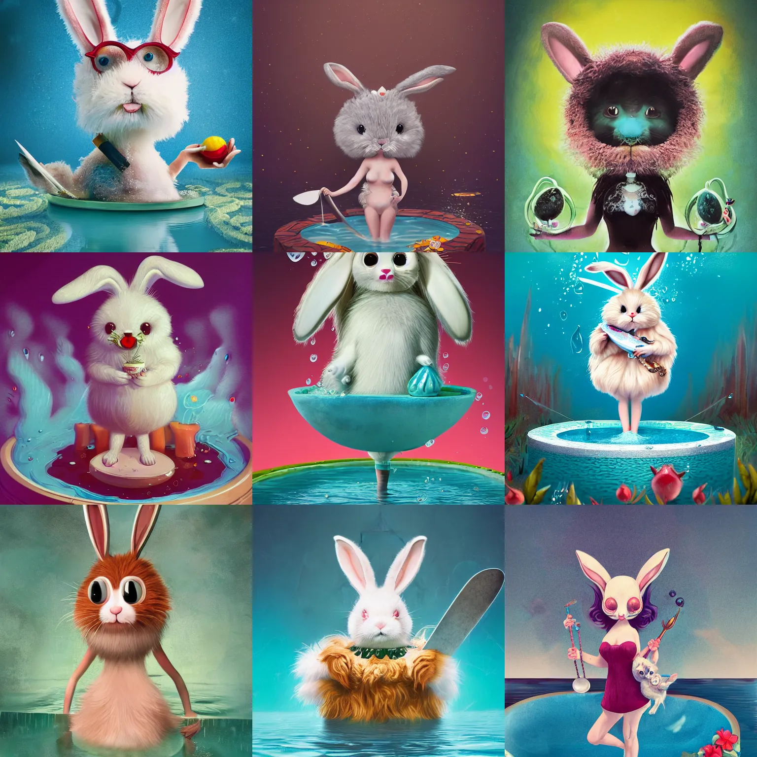 Prompt: a cute fluffy girl rabbit standing in a pool of water, holding a tepcatl, slicing the air. pop surrealism, contemporary art illustration, character concept art,, intricate highly detailed 8 k, artstation, art genevieve gauckler, loomis, surreal portrait photography, gary baseman, sharp focus, juxtapoz magazine illustration aesthetic