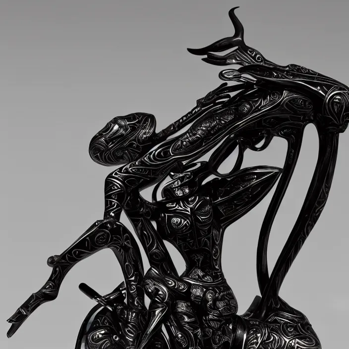 Prompt: fine art statue of masculine black egyptian god on a surrealist motorcycle, ebony art deco, carved black marble, inlaid with ebony and gold accents, ebony rococo, wings black lace wear, sculpted by spider zero, zaha hadid, beautifully lit, hyper detailed, intricate, elite, ornate, photorealistic, micro details, 3 d sculpture, ray trace