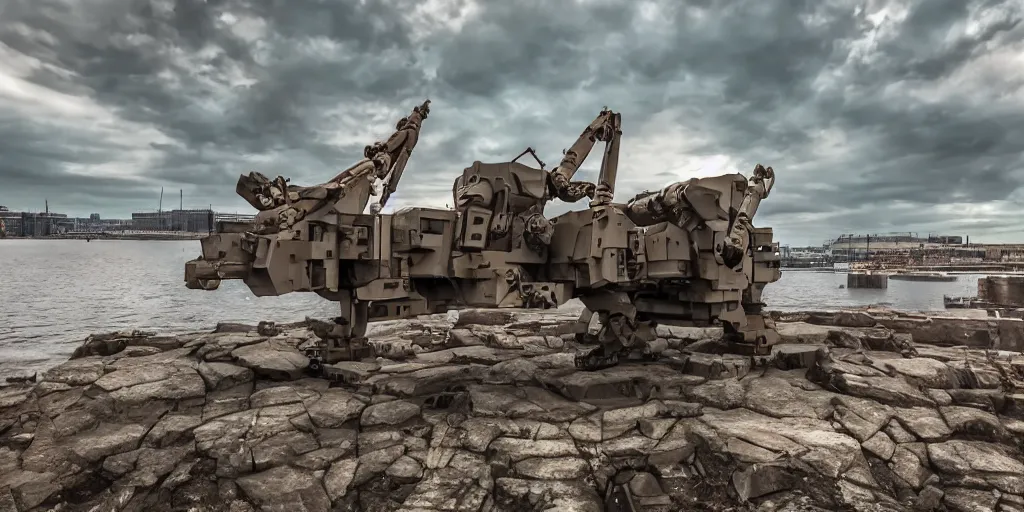 Image similar to artillery Mech in helsinki finland, cinematic composition, shot on film, hyper realistic, 4k resolution