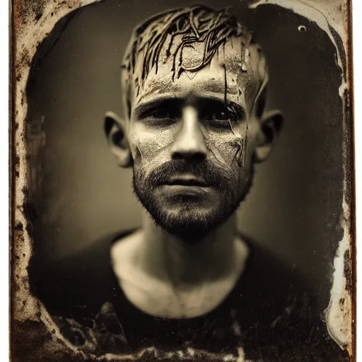 Image similar to A wet-collodion portrait of a man who comes back from a horrific war, he stares into the distance as his eyes show glimmers of hope, depth of field, 50mm lens, studio lighting, high contrast