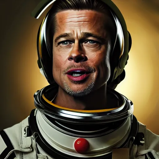Prompt: Brad Pitt in a space suit with a frog on his head, by Ad Astra cinema, very detailed toad on his head, symmetrical face, beautiful eyes, instagram photo, 4k, 8k , by Irving Penn, bokeh, top cinematic lighting , cinematic mood, shot in canon