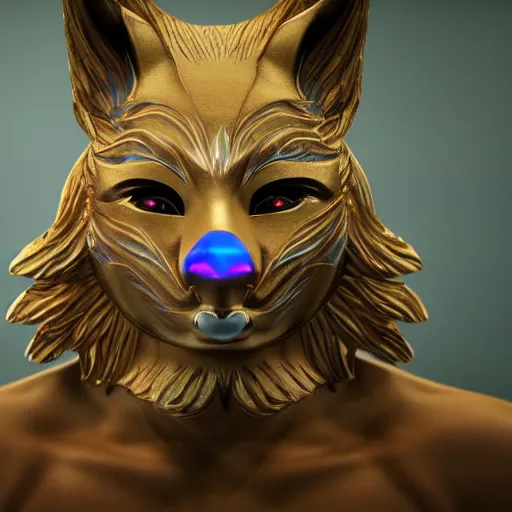 Prompt: a beautiful male holographic spirit wearing a kitsune mask made of wood of a sacred tree, detailed and intricate, cinematic, elegant, realistic, unreal engine 5, movie still