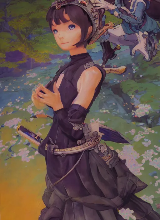 Prompt: a gouache painting in the style of breath of fire iv, a detailed 3 d render of audrey hepburn as a yorha android, by hikari shimoda, ilya kuvshinov, yoshitaka amano, by shaun tan, by good smile company, portrait, cgsociety, artstation, a modular costume and headpiece, action adventure scene