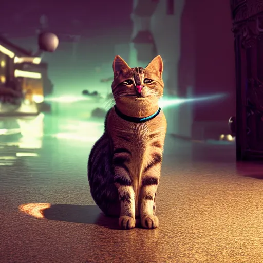 Image similar to polite cat, splash art, movie still, cinematic lighting, dramatic, octane render, long lens, shallow depth of field, bokeh, anamorphic lens flare, 8k, hyper detailed, 35mm film grain