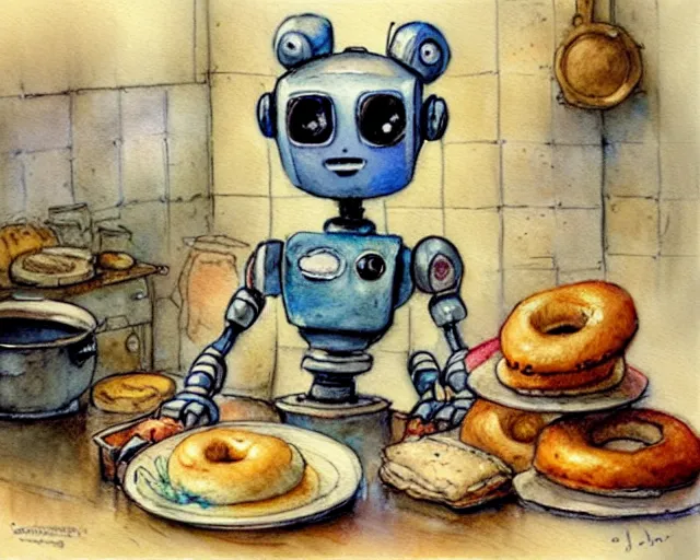 Image similar to a cute little robot in the kitchen baking bagels, holding a tray of bagels, watercolor painting by jean - baptiste monge, muted colors