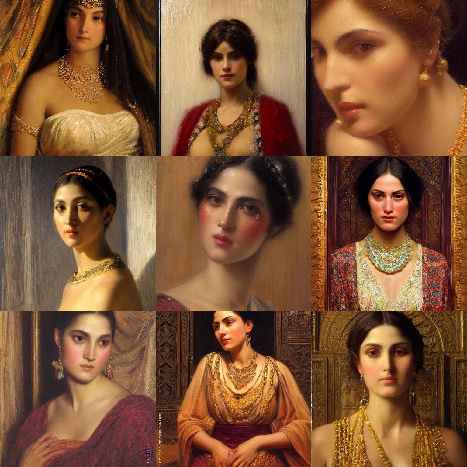 Prompt: orientalism face detail of a beautiful woman with interesting lighting in a palace by edwin longsden long and theodore ralli and nasreddine dinet and adam styka, masterful intricate art. oil on canvas, excellent lighting, high detail 8 k