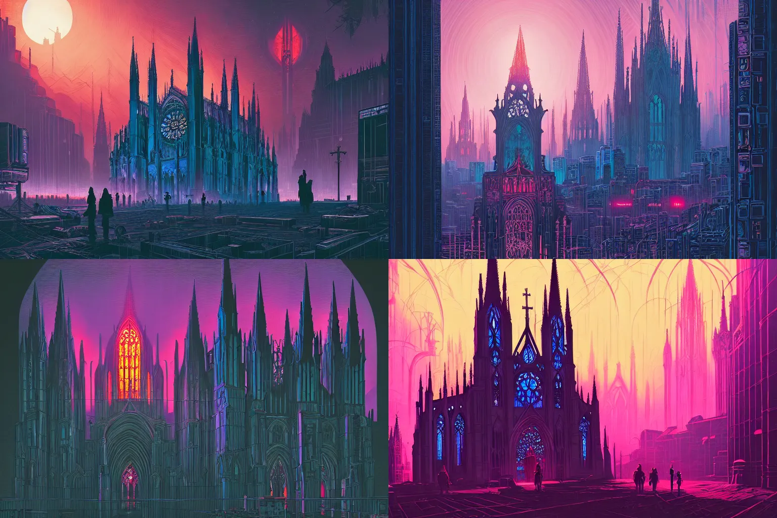 Prompt: a gothic cathedral dan mumford and josan gonzalez and simon stalenhag, cyberpunk