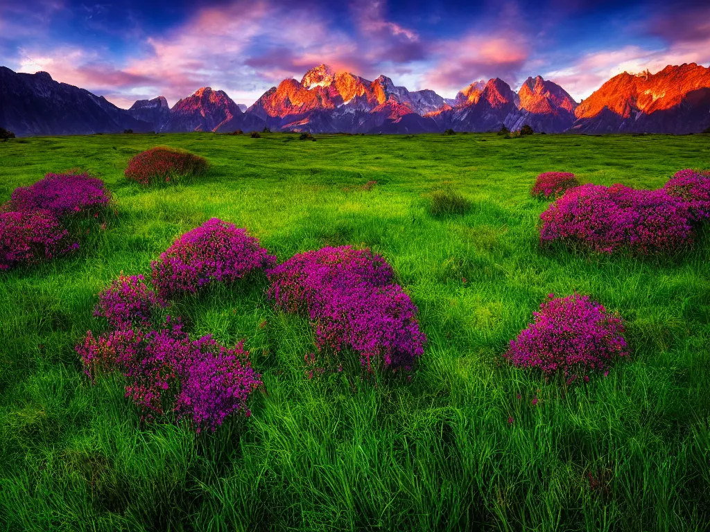 Image similar to windows bliss wallpaper, green field, hdr, 4 k, 8 k, professional photograph, color corrected, sharp focus, mountains in background, by marc adamus