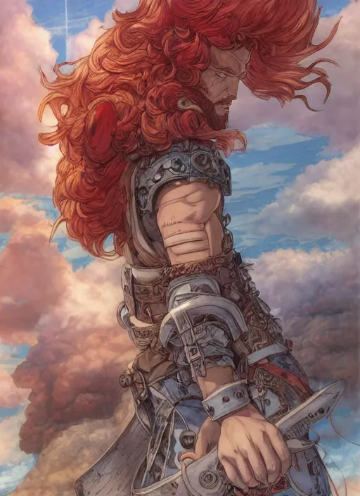 Image similar to prompt : ragnarok online portrait soft light painted by james jean and katsuhiro otomo and erik jones, inspired by akira anime, epic fantasy, a long red haired, red bearded male sky - pirate smirking whilst standing in front of an airship, intricate oil painting, high detail illustration, sharp high detail, manga and anime 1 9 9 9