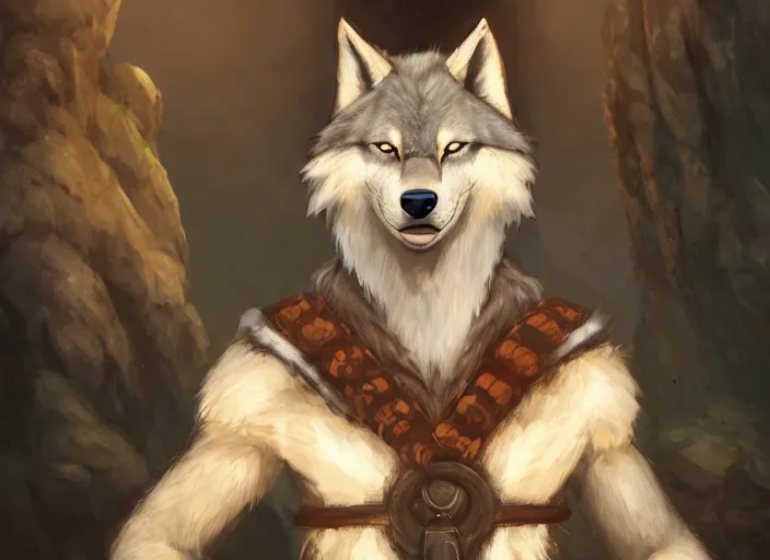 Prompt: character portrait feature of the anthro male anthropomorphic wolf fursona animal person wearing tribal primitive caveman outfit belt standing in the entrance to the cave, well framed character design stylized by charlie bowater, ross tran, artgerm, makoto shinkai, detailed, soft lighting, rendered in octane