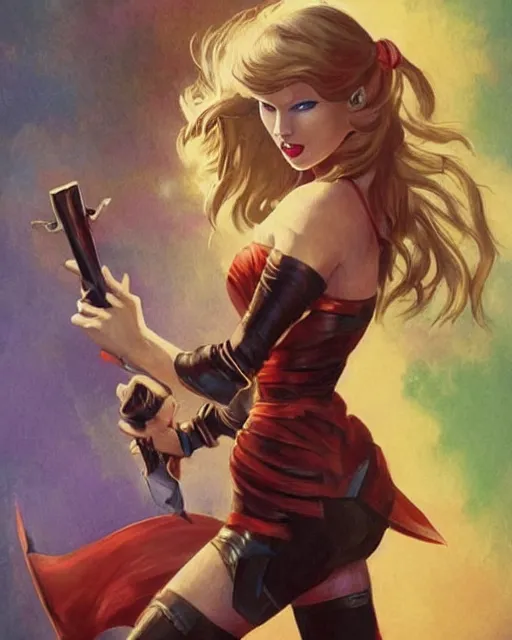 Image similar to taylor swift as a super hero similar to seraphine from league of legends with a microphone in her hand as her weapon drawn in frank frazetta style, high quality, very well proportioned silhouette, contemporary art, taylor swift face