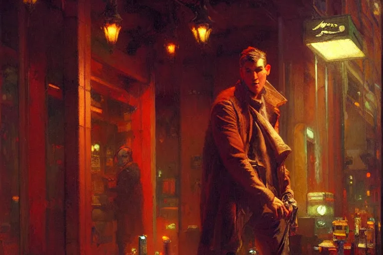 Image similar to winter, attractive male, neon light, cyberpunk, painting by gaston bussiere, craig mullins, j. c. leyendecker