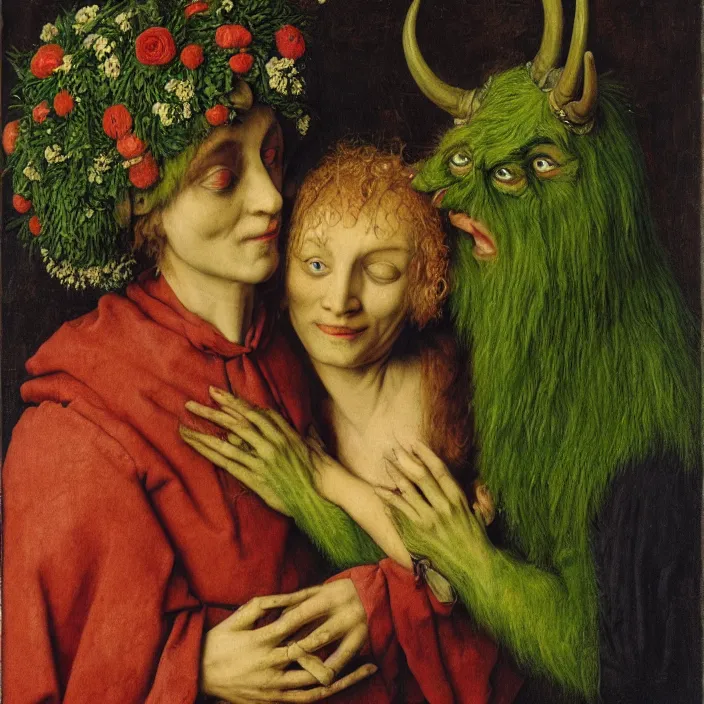 Prompt: a green-horned goblin monster embracing a woman with flowers, by Jan van Eyck