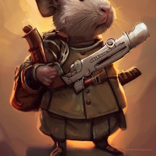 Image similar to cute little anthropomorphic Guinea Pig Soldier wielding a revolver in city, tiny, small, short, WW1 USA outfit, cute and adorable, pretty, beautiful, DnD character art portrait, matte fantasy painting, DeviantArt Artstation, by Jason Felix by Steve Argyle by Tyler Jacobson by Peter Mohrbacher, cinematic lighting