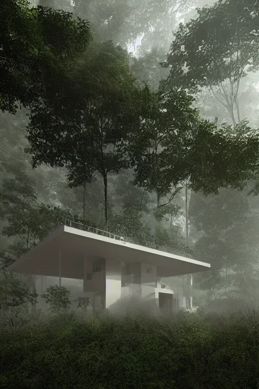 Image similar to architecture inspired by le corbusier in the rainforest. octane render. global illumination. mist. atmospheric.