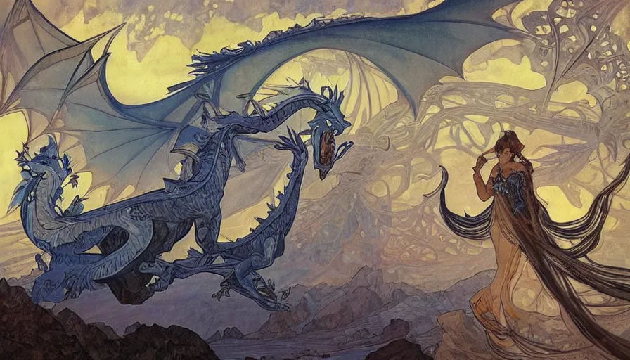 Image similar to epic ice dragon with trendy shapes in a nordic landscape under aurora and stars, set in the words of the Forgotten Realms and Guildwars2, painted by Hans Fredrik Gude, alphonse mucha and Artgerm, concept art 2022, ultra realistic masterpiece