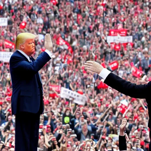 Image similar to still of donald trump saluting hitler at a rally, hyper realistic photo