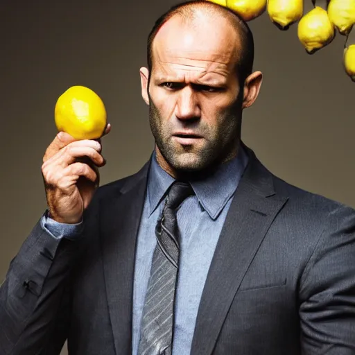 Prompt: ultra realistic professional photo of Jason Statham yelling at a lemon