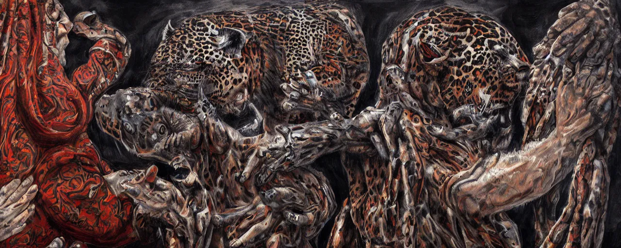 Image similar to an intricated and detailed painting of a shaman turning into a jaguar by jose clemente orozco 4 k render