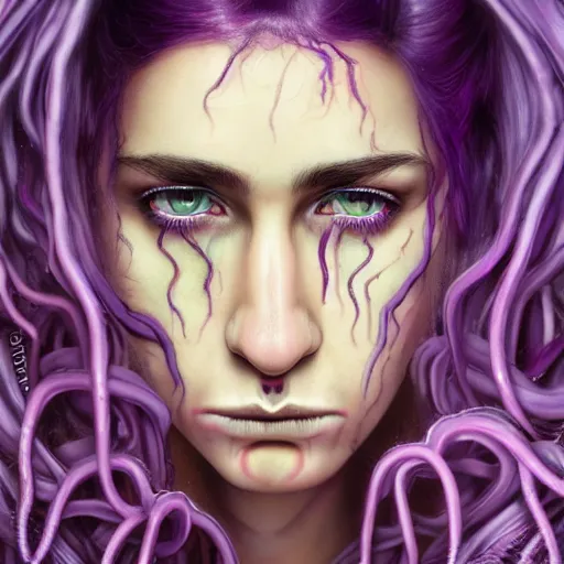 Image similar to detailed photo portrait of a furious teen girl with thin, hair-like purple tentacles on her head and bright purple eyes, 8k,by tristan eaton, Stanley Artgermm,Tom Bagshaw,Greg Rutkowski,Carne Griffiths,trending on DeviantArt, face enhance,hyper detailed ,full of colour, dramatic lightning