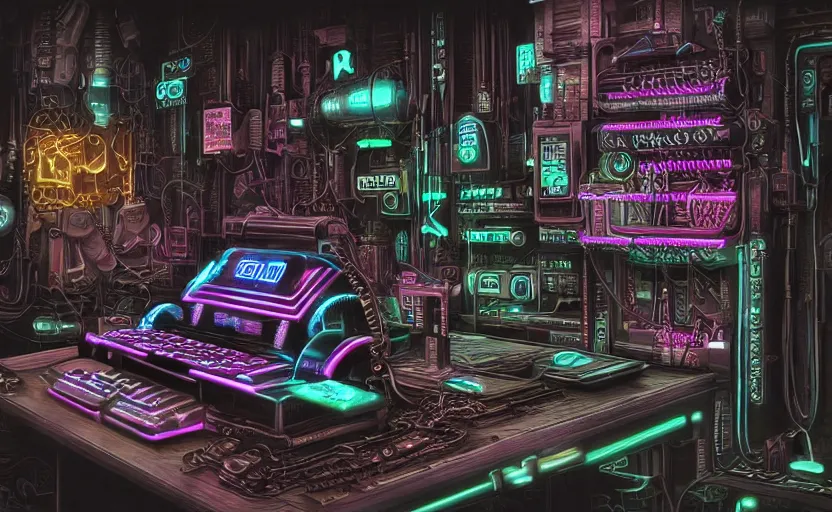 Prompt: technological drilling machine, extremely detailed cyberpunk ( steampunk ), small neon keyboard, realistic shaded,